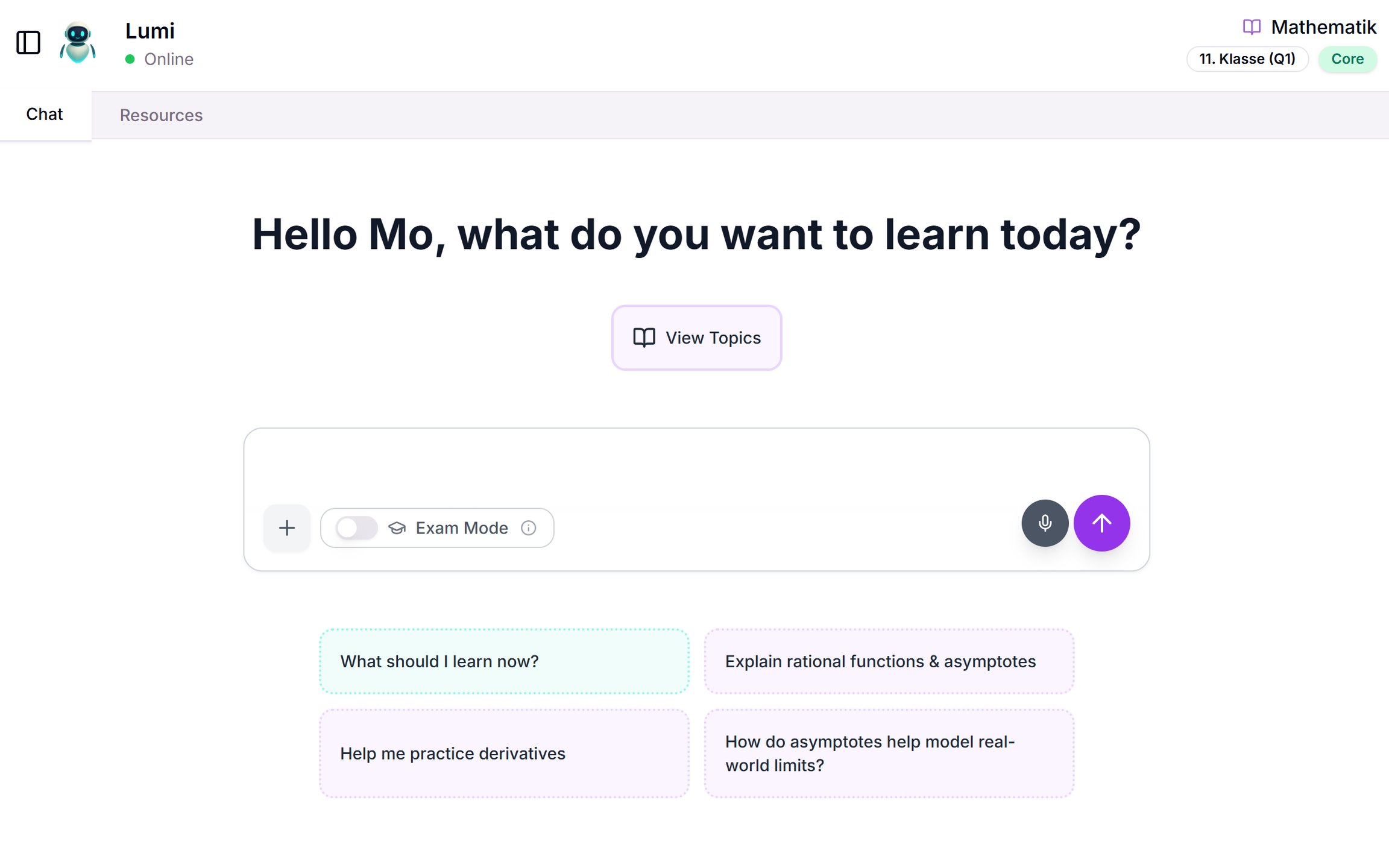 Lumi chat interface showing personalised learning suggestions